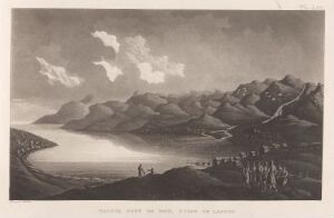  "Samemarked i Talvik" by Anders Fredrik Skjöldebrand, is a grayscale etching on paper depicting a serene landscape with a reflective body of water in the foreground, a shoreline with minute figures of people and animals, and majestic, layered mountain ranges in the background under a sky with light, wispy clouds.