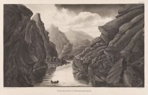  "Smal passasje i Altaelva" by Anders Fredrik Skjöldebrand is a monochromatic fine art etching on paper depicting a narrow river passage between steep, towering cliffs. A small boat with figures is visible on the calm water, providing a sense of scale amidst the grandeur of the natural landscape. The artwork is rendered in varying shades of gray, highlighting textures and creating a dramatic, moody atmosphere.