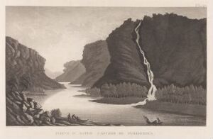  "Altaelva og Pursilorunka" by Anders Fredrik Skjöldebrand is a monochromatic etching and aquatint print on paper, featuring a peaceful river foreground leading to a mesmerizing waterfall amidst steep cliffs, conveying the beauty of a natural, untouched landscape in shades of gray.