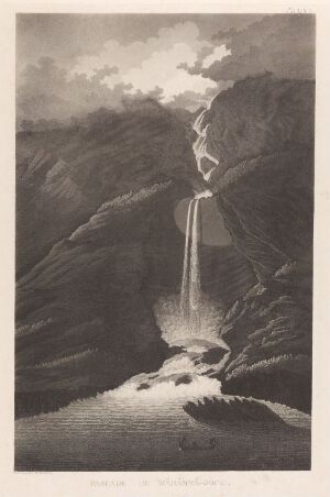  "Vähännivanronka," a monochrome etching and aquatint on paper by Anders Fredrik Skjöldebrand, depicting a dramatic, steep cliff with a waterfall flowing into a pool below, surrounded by a stormy sky.