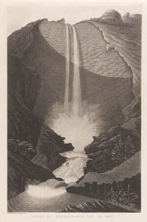  "Vähännivanronka på nært hold" by Anders Fredrik Skjöldebrand, a monochromatic etching and aquatint on paper depicting a towering waterfall with a fine mist at the base, surrounded by steep, textured cliffs in shades of black, white, and gray.