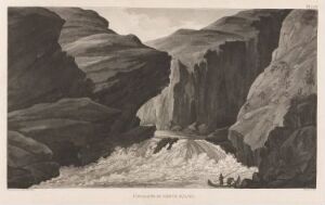  Monochrome etching by Anders Fredrik Skjöldebrand titled "Fossestryk i Altaelva" showcasing a dramatic scene of a river or waterfall running between steep cliffs. The variation in grey tones captures the movement of the water and the rugged textures of the landscape.