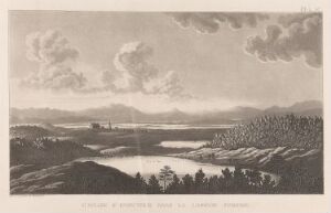  A monochromatic etching by Anders Fredrik Skjöldebrand titled "Enontekiö kirke i Lappland," depicting a serene landscape with rolling hills in the foreground, a reflective body of water in the midground, distant forested mountains, and a dynamic cloud-filled sky, all rendered in a nuanced grayscale palette.