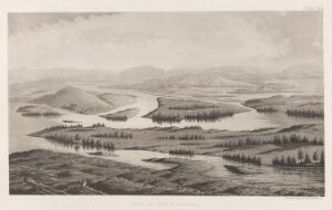  Monochrome etching titled "Utsikt mot sør fra Aavasaksa" by Anders Fredrik Skjöldebrand, showcasing a panoramic landscape view from Aavasaksa towards the south, with hills, forests, and a winding river under a wide, open sky, depicted in various shades of black and gray on paper.