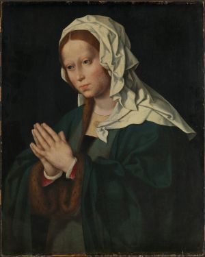  "The Virgin in Prayer" by Joos van Cleve, oil on wood panel, depicting the Virgin Mary with clasped hands, veiled in cream and gold, wearing a green robe against a dark background, personifying a quiet moment of prayer.