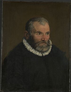  Oil on canvas portrait by Renaissance artist Jacopo da Ponte Bassano, featuring a bearded middle-aged man in dark clothing with a white pleated ruff, set against a muted brown background. His expression is solemn as he looks directly out of the canvas.