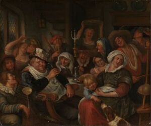  "Twelfth Night" by Jan Steen, an oil on wood painting depicting a lively indoor gathering with multiple figures in earthy attire, engaging in celebration. A central man toasts with a wine glass, surrounded by men, women, and children, with expressions of joy and revelry, in a setting with rustic wooden beams and simple furnishings.