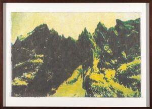  "Trolltindene" by Marianne Heske, a fine art inkjet print on paper, showcasing a stylized mountain range with deep greens and bold yellows, suggesting sunlight over rugged peaks, bordered by a light cream matte and dark frame.