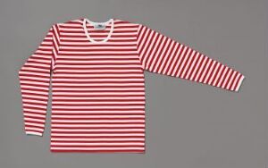  A long-sleeved, red and white horizontally striped shirt designed by Marimekko Oy, made from machine-knitted cotton. The shirt features a round neckline with a white ribbed band, displaying a nautical or French-inspired style.