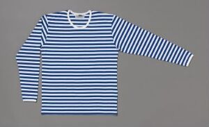  Long-sleeved, cotton knit shirt by Marimekko Oy with horizontal white and navy blue stripes, displayed flat on a light grey background.