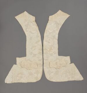  A pair of vintage off-white lace collar pieces with intricate floral designs, displayed on a grey background.