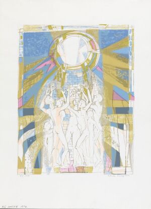  "Monument" by Else Hagen, a color silk-screen print depicting ethereal figures in white against a background of pastel blues, golds, and soft geometric patterns, suggesting a celestial or spiritual gathering within a geometrically structured space.