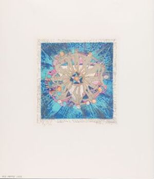  "Liten klode" by Else Hagen is a color lithography on paper featuring a central, kaleidoscope-like mandala with symmetrical patterns in blues, pinks, purples, and greens, surrounded by ample white space.