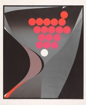  Abstract artistic representation titled "Champagne Night" by Gunnar S. Gundersen, featuring red-orange bubble-like circles clustered against a stylized grey inverted L-shaped form on a diagonally split grey background with subtle pink accents to evoke the motion and spirit of effervescent champagne.