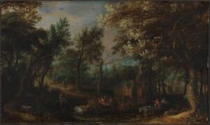  "Woodland Scene with Figures" by David Vinckboons is an oil painting on a wood panel showing a serene forest setting with scattered human figures amidst tall trees with varying tones of greens and browns, suggesting a dense forest atmosphere with soft sunlight filtering through.