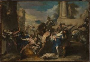  "The Massacre of the Innocents" by Anthony van Dyck is a fine art painting on canvas depicting the chaotic biblical scene of soldiers taking infants from their mothers against a backdrop of classical architecture, with a subdued and dramatic color palette of earth tones, reds, and blues.