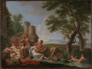  "Bacchanal Scene in a Landscape" by Andrea Locatelli, a classical painting on canvas depicting a group of mythological figures in a state of revelry within a green and lush landscape, centered around an ancient stone structure, with a palette of earthy tones, soft skin hues, and a pale blue sky.