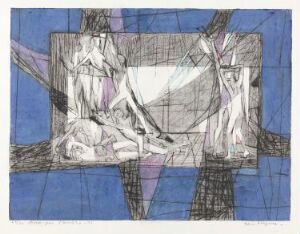  "Åpen scene" by Else Hagen is a fine art print featuring abstract figures within a central framed area with intersecting lines, set against a blue grid-patterned background. The technique of Koldnål, Etsning, and Monotypi on paper introduces gradations of shading and structured elements, conveying a sense of movement within a defined space.