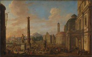  Oil painting on wood by Jacob van der Ulft, entitled "Classical Cityscape with Figures near an Obelisk," showcasing a Renaissance or Baroque-style European city street with grand buildings, an obelisk with hieroglyphs, and figures in period attire, under a pale blue, cloud-streaked sky. Warm earthy tones on the architecture contrast with the cooler blues of the sky.