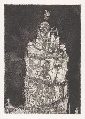  "History" by Knut Jørgensen is a fine art print featuring a monochromatic, intricate structure resembling a totem pole made of historical figures and architectural elements, executed with a technique of drypoint etching and aquatint on paper.