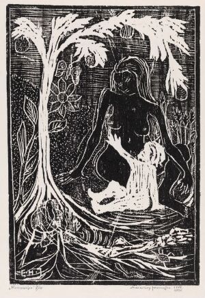  Black and white woodcut print titled 'Composition' by artist Erik Harry Johannessen, featuring a stylized tree on the left and a mythological figure seated to the right, rendered in bold contrasts and organic textures.