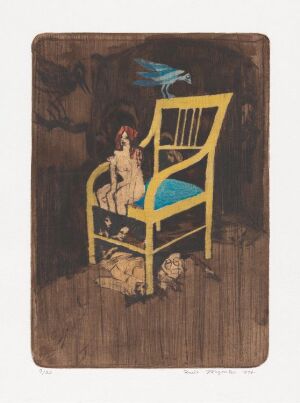  "Biedermeier" by Knut Jørgensen, a hand-colored etching depicting a classic blue and yellow chair with a small red figure seated in it, resting atop a soft white object, set against a sepia-toned background, exuding a vintage charm.