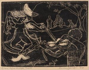  A monochromatic fine art woodcut print titled "Dans" by Erik Harry Johannessen, depicting an abstract dance scene with two central figures and additional motifs suggesting an audience or natural elements, executed in a contrasting black and white palette.