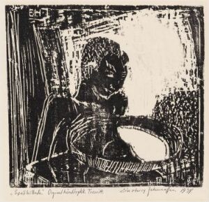  Black and white woodcut print titled "Speilbilde" by Erik Harry Johannessen depicting a profile of a person gazing into an oval object resembling a mirror, with expressive textures and contrasting dark and light areas.