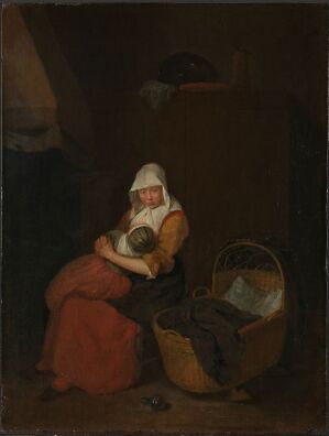  "Mother and Child" by Quiringh van Brekelenkam is a painting of a seated woman in a white head covering, orange bodice, and red skirt holding a swaddled baby in her arms, next to a wicker cradle with a dark cloth, all against a dark brown background.