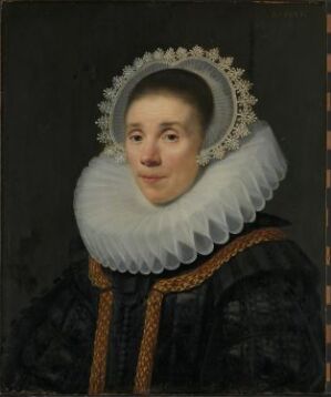  "Portrait of a Woman" by Jan van Ravesteyn is an oil painting featuring a woman with a pale complexion and a serene expression, wearing a large white ruff collar and a black, gold-embroidered dress against a gradient dark gray background.