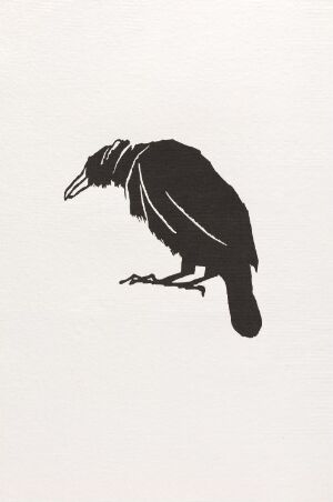  "Ravn" by Niclas Gulbrandsen – a black silhouette of a raven in profile with an open beak, set against a white background. The artwork, a woodcut on paper, features bold contrast and minimalistic detailing, capturing the essence of the raven through stark, clean lines.