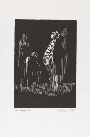  "The Boaster" by Niclas Gulbrandsen, a woodcut print on paper showing a boastful figure with a puffed chest and dramatic pose in the foreground, with a more subdued onlooker to the left, all depicted in high-contrast black and white.