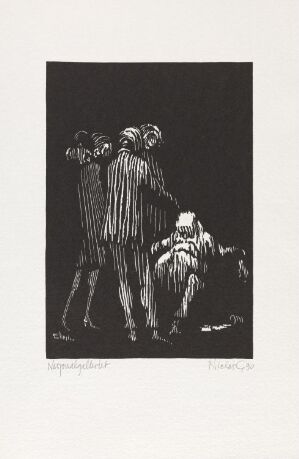  "Stordrikker" by Niclas Gulbrandsen, a black and white woodcut print on paper depicting abstract human figures in vertical white lines against a black background, with one figure visibly separated and crouched on the ground.