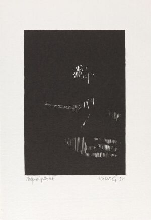  A fine art woodcut print titled "Er det noen der?" by Niclas Gulbrandsen, showcasing an abstract, possibly architectural form with sharp lines against a dark background, creating a play of light and shadow in black and white tones.