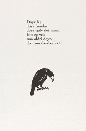  A minimalistic woodcut print titled "Ravn" by Niclas Gulbrandsen on paper, featuring a black silhouette of a raven in profile view with its beak open against an off-white background, with indistinguishable text above the bird.