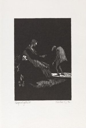 ' "Splinten og bjelken" by Niclas Gulbrandsen, a woodcut on paper depicting two figures engaging with one another in a dialogue or exchange, set against a stark black background that enhances the dramatic interaction. The white space of the paper is used to illuminate the figures, creating a strong visual contrast.