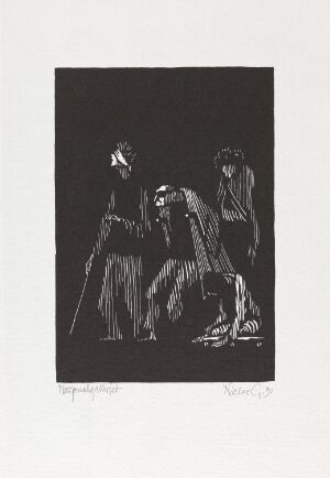  "Bedre levede enn død?" by Niclas Gulbrandsen is a woodcut print on paper featuring three stylistically simplified, white human figures on a stark black background, engaged in an ambiguous interaction, evoking a sense of mystery and contemplation.