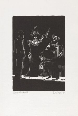  A black and white woodcut print titled "Hvem stoler jeg på?" by Niclas Gulbrandsen, featuring high-contrast silhouettes of figures and a dog, with bold lines defining the shapes against a dark background.