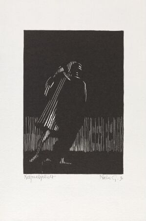  "Også du!" - a black and white woodcut on paper by Niclas Gulbrandsen featuring a figure in a long coat and hat, in mid-motion, with clenched hands, set against a backdrop suggestive of a wooden fence, creating a dramatic tableau with high contrast and a sense of dynamic movement.