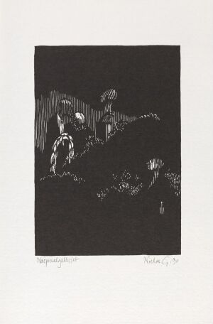  "Ett eftermæle?" by Niclas Gulbrandsen, a woodcut on paper showing a high-contrast nocturnal scene with a solitary figure seated on an uneven terrain surrounded by abstract forms suggestive of trees or bushes in a black and white composition.