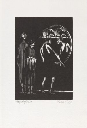  "Klær skaper folk" by Niclas Gulbrandsen, a black and white woodcut print on paper depicting three figures in contrasting dark and light tones, engaged in a dynamic interaction with stark textures and expressive silhouettes.