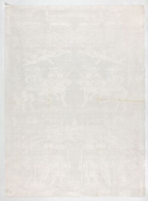  "La Prise de Namur," a handwoven linen textile artwork by an unknown artist, featuring a nuanced, monochromatic white color palette with subtle textural patterns in a satin weave.