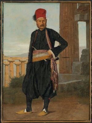  "An oil on paper mounted on canvas painting by Christen Købke presenting a stern-looking man in traditional Middle Eastern attire, including a fez, standing in profile with a classical columns backdrop suggestive of an ancient Greek setting."