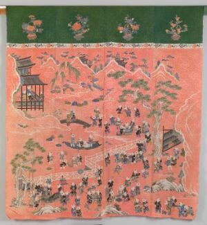  A traditional Asian art piece depicting a lively scene within a salmon pink mountainous landscape, with a grand pagoda at the center surrounded by numerous figures engaged in social activities, and a decorative green border with floral patterns and colorful birds at the top. Artist and title unknown.