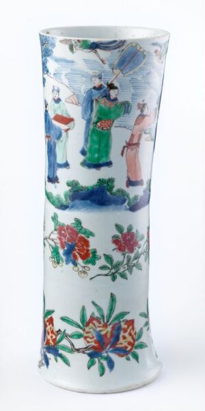  A tall and slim white porcelain vase with a flared top, decorated with colorful patterns including traditional East Asian figures in green and blue robes and a vibrant floral motif in reds, pinks, and blues.