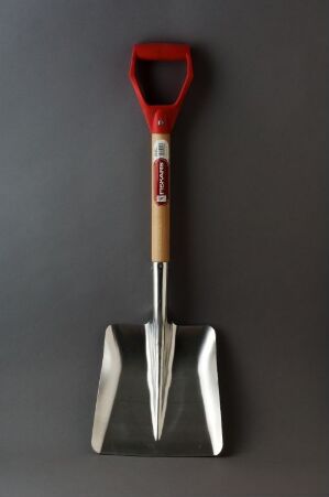  A new garden shovel with a reflective metallic blade, beige metal shaft, and red and black ergonomic handle against a dark gray background.