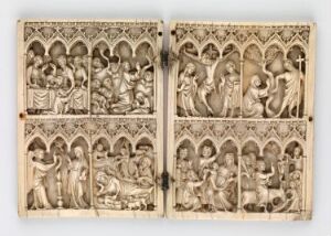  An open ivory diptych titled "Diptyk" by an unknown artist, featuring intricate