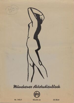  Cover of an aged sketchbook with the title "Münchener Skizzenblock," featuring a stylized black line drawing of a standing female figure in profile, set against an aged beige background, with a circular emblem at the bottom center.