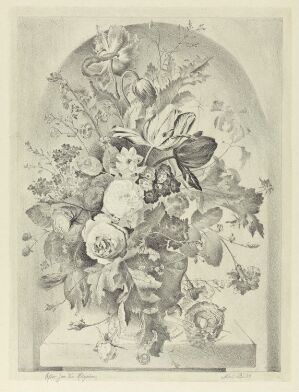 Grayscale lithograph titled "Flower Piece" by Nini Bø, depicting a richly detailed bouquet of assorted flowers and foliage within an arched frame, with intricate shading to suggest volume and realism in the absence of color.
