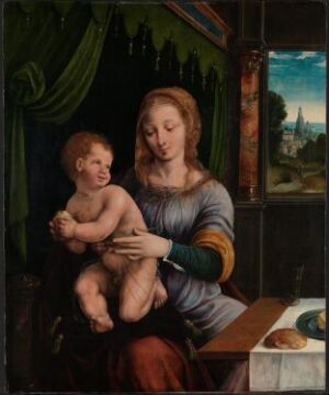 
 "Madonna and Child" by Joos van Cleve, an oil painting on wood depicting the Virgin Mary in a blue and grey dress holding the infant Jesus, with a rich green curtain to the left and a window showing a distant landscape to the right.